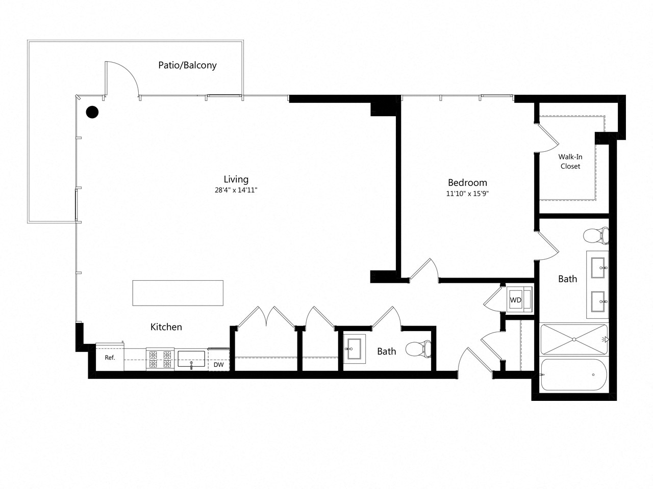 Floor plan for 1 bed, 1.5 baths, 1229 sqft
